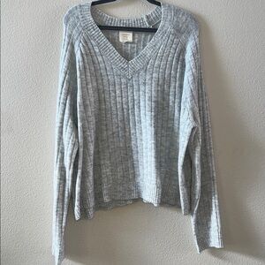 Light Gray Ribbed V-Neck Sweater